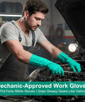 Twelve Pairs Of Heavy Duty Nitrile Work Gloves Shielding Hands From Tough Chemical Oil And Solvent Hazards With Puncture Resistant Fit For Tackling Nasty Engine Jobs And Deep Home Cleans.