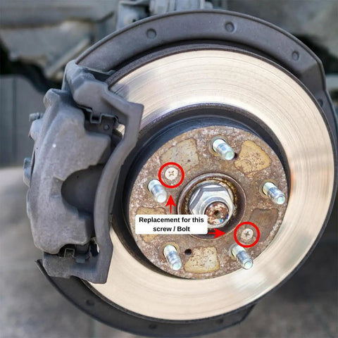 Zoomed view of a car brake rotor showing the placement of screws from the 16Pc Stainless Steel Car Brake Disc Rotor Screws Kit For Front And Rear Rotors Retaining Bolts And Hardware Auto Replacement Screws Set Heavy Duty Durable Automotive Accessories.