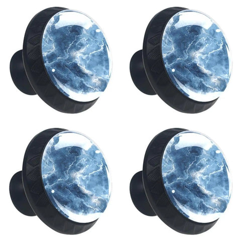 Four Piece Blue Marbled Cabinet Knobs And Drawer Pulls With Striking Crystal Glass Balls in close-up view.
