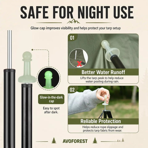 Beefy Heavy Duty Tent Poles for Tarp Adjustable 75 Inch Camping Poles 0.65 Inch Diameter, glow-in-the-dark cap illustration