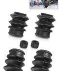 4 Piece Caliper Rebuild Kit With Caliper Slide Pin Boots For Most Vehicles DIY Friendly Automotive Replacement Brake System Parts Durable Rubber Construction All In One Brake Hardware Kit Black, showing four boots and two bushings.