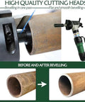 Heavy Duty Electric Pipe Beveling Machine And Chamfering Tool For Internal Expansion Grooves Handles Carbon Steel Pipes From One Point One To Three Inches showing cutting heads and pipe before and after beveling.