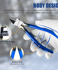6 Inch Precision Wire Cutters For Jewelry Making, Ultra Sharp Flush Cutters with blue and black handle, showing spring-loaded design, ergonomic grip details on a hand model.