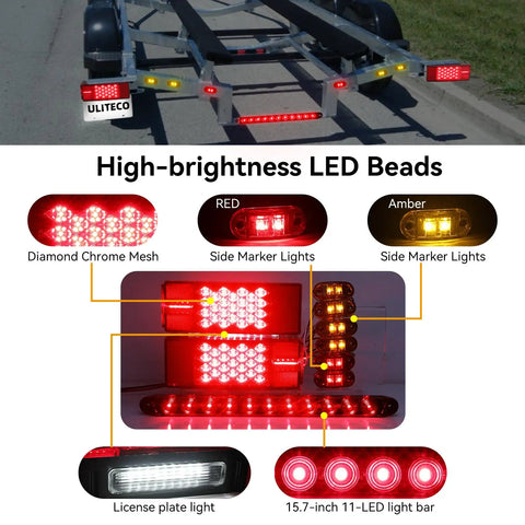 12V LED Trailer Light Kit For Boat And Utility Trailers IP67 Waterproof Rectangular Brake Stop Turn Lights DOT Compliant