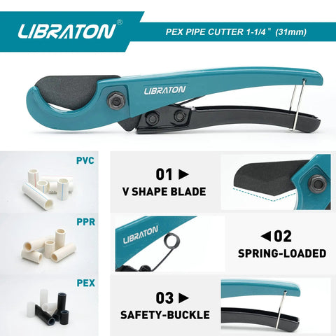 Pex Cutter 1-1/4 Inch Pipe Cutter shown with spring-loaded mechanism, aluminum body, SK4 sharp blade, ideal for PEX/PVC/PPR pipes.