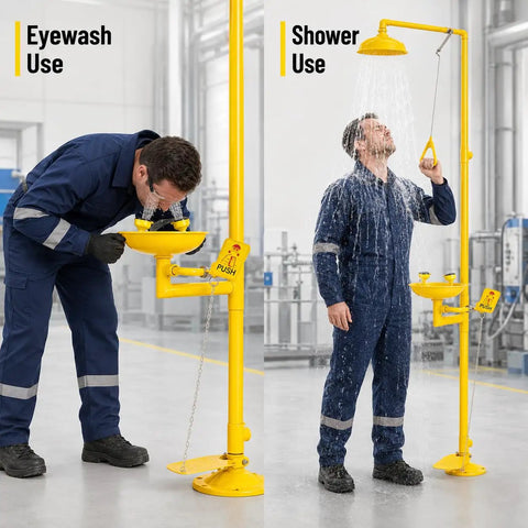 Industrial Grade Emergency Shower And Eyewash Station In 304 Stainless Steel, OSHA And ANSI Z358.1 Certified in use.