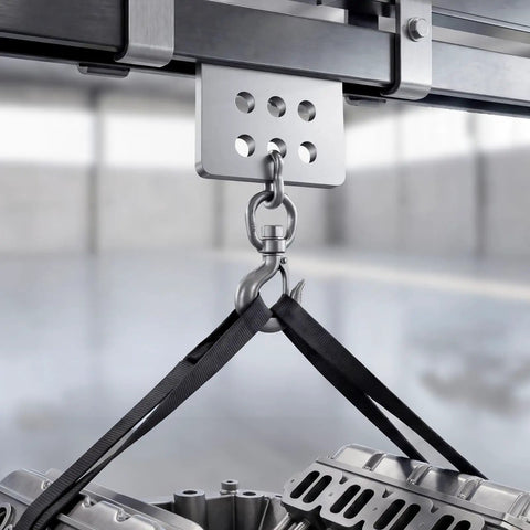 Close-up of 8 Wheel Trolley Rollers Assembly Bundle, 4 Pack, 3000 Lb Capacity, Dual Bearing Design For 1-5/8 In Wide Strut Channel And Taller, lifting engine