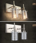 Brushed Nickel Vanity Light Fixture with Clear Glass and Metal Mesh 2 Light Vanity Lights, on and off view.