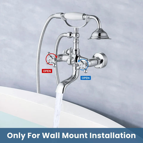 Wall Mount Bathtub Faucet With Telephone Handheld Sprayer Double Hot And Cold Mixer Cross Handles Old School Victorian Chrome Tub Filler For Clawfoot Tubs installed on a gray wall.
