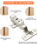 2 Pack Pro-Grade Full Overlay Frameless Soft-Close Cabinet Hinges For Concealed Kitchen Doors European-Style With Screws Clip-On Nickel Plated Finish Easy-Install showing 3D adjustment