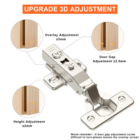 2 Pack Pro-Grade Full Overlay Frameless Soft-Close Cabinet Hinges For Concealed Kitchen Doors European-Style With Screws Clip-On Nickel Plated Finish Easy-Install showing 3D adjustment
