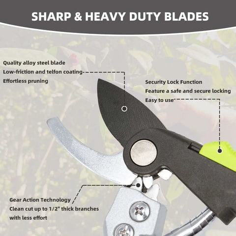 Close-up of Heavy Duty Loppers For Tree Trimming With Gear Technology And Labor Saving Pruning Shears Alloy Steel Blade With Teflon Coating showing blade details.