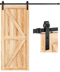 EaseLife 6.6 Ft Sliding Barn Door Hardware Track Kit With Basic J Pulley For 36 To 40 Inch Wide Single Door Aluminum Black Powder Coated Anti Corrosion Ball Bearing Rollers Smooth Quiet Glide And Easy Install shown installed on a wooden door.
