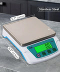 Rechargeable Kitchen Scale Pro Grade Ultra Precise 0.2g Accuracy, 22lb Capacity In 304 Stainless Steel With Backlit LCD on countertop
