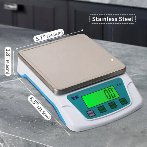 Rechargeable Kitchen Scale Pro Grade Ultra Precise 0.2g Accuracy, 22lb Capacity In 304 Stainless Steel With Backlit LCD on countertop