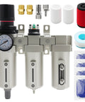 Heavy Duty Three Stage Air Dryer With Three Quarter Npt Connector For Industrial Compressors in light gray with pressure gauge.