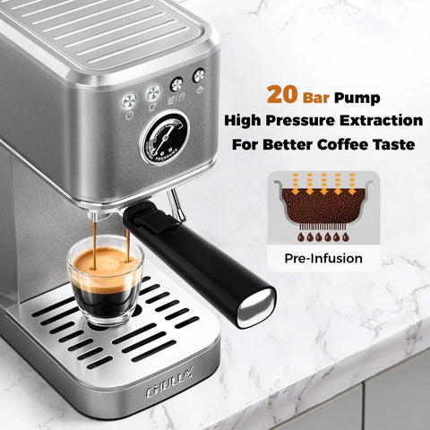Premium Espresso Coffee Machine With Steam Wand For Cappuccino And Iced Cold Brew Barista Level shot pulling espresso.