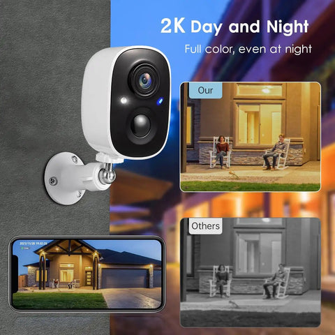 Wireless Outdoor Security Camera Kit Four Pack 2K Battery Powered Cameras showing color night vision and motion detection