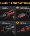 Cordless Rivet Nut Gun For 20V Max Batteries Tool Only, step-by-step nut head change instructions, compatible with various sizes
