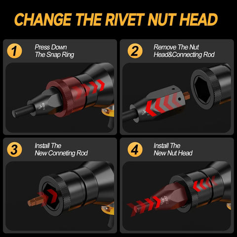 Cordless Rivet Nut Gun For 20V Max Batteries Tool Only, step-by-step nut head change instructions, compatible with various sizes