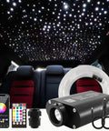 Car interior with 9.8 Foot Fiber Optic Starlight Headliner Kit With 450 Strands, 16W Light Box, app control, RF remote, end glow lights.