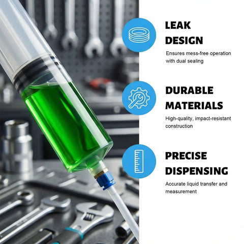 500cc Manual Automotive Fluid Extractor Pump With Two Durable Extension Tubes Universal Oil Transfer Syringe showing green fluid and precise dispensing.