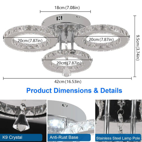 Crystal Chandelier 5 Light LED Flush Mount Ceiling Fixture In Cool White, K9 Crystal, Stainless Steel, Product Dimensions