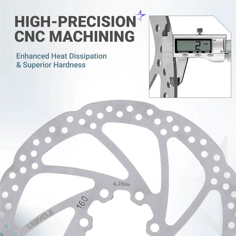 Close-up of 160mm 6-Bolt Stainless Steel Disc Brake Rotor with CNC machining detail