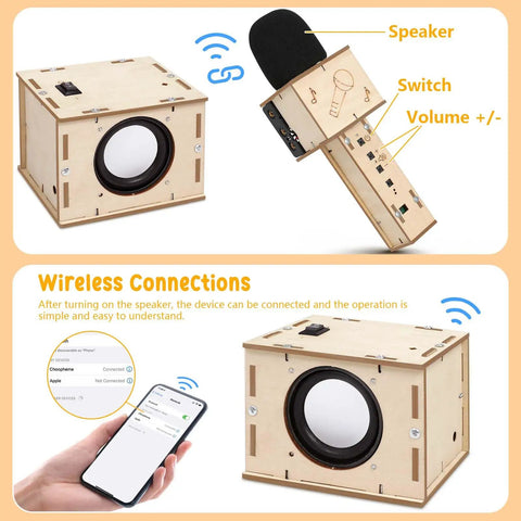 Karaoke STEM Kit For Kids 8 12 Build Your Own Bluetooth Speaker And Microphone DIY Electronics Toy For Boys And Girls Hands On Science Fun Learn By Making A Mini Karaoke Machine Great Birthday Gift 9 10 11 12, wooden speaker and mic parts