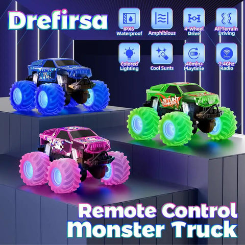 Pink Monster Truck Remote Control Car For Girls, Unicorn Themed 4WD Off Road RC Truck with colorful LED lights on display stand