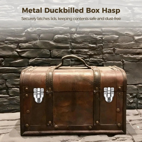 Chic Antique Silver Metal Duckbill Latches on brown wooden chest lid, 1.6x2.3 inch box hasp with screws
