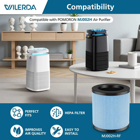 Replacement Filter For POMORON Air Purifiers 4 Stage HEPA Filtration With Activated Carbon displayed next to air purifier models