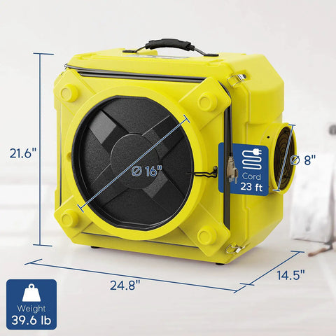 Powerful Beefed Up Three Stage Air Scrubber with dimensions shown, featuring MERV 10 Filter, Activated Carbon, and HEPA Cleaner.