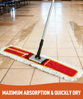 Make Spotless Floors A Snap With This 36 Inch Commercial Dust Mop Boasting A Thick Microfiber Head for quick damp mopping on tiles.
