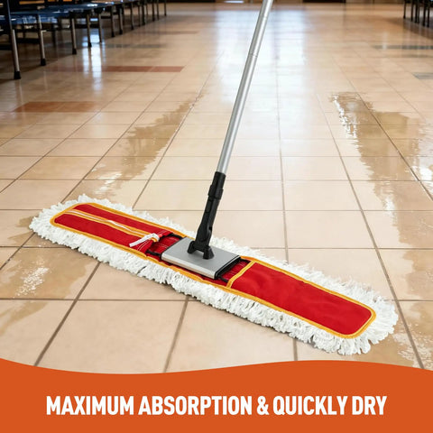 Make Spotless Floors A Snap With This 36 Inch Commercial Dust Mop Boasting A Thick Microfiber Head for quick damp mopping on tiles.