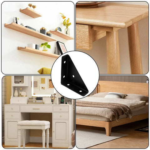 Rock Solid Triangle Shelf Brackets 90 Degree Corner Support, Slick Black Finish for stabilizing desks and shelves, easy installation.