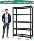 72 Inch Tall 5 Tier Adjustable Heavy Duty Metal Mesh Shelving Rack With Beefed Up Reinforced Steel Frame Supporting 400 Pounds Per Shelf standing beside a man.