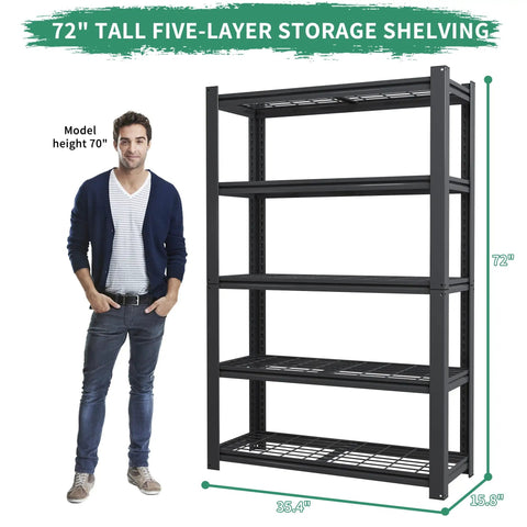 72 Inch Tall 5 Tier Adjustable Heavy Duty Metal Mesh Shelving Rack With Beefed Up Reinforced Steel Frame Supporting 400 Pounds Per Shelf standing beside a man.