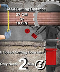Heavy Duty Ring Power Cutter Saw With 9500W Brushless Motor And Integrated Water Pump For Smooth Concrete Brick Wall Cutting Up To 10 Point 6 Inch Deep Straight Up Powerhouse with max cutting distance indicator.