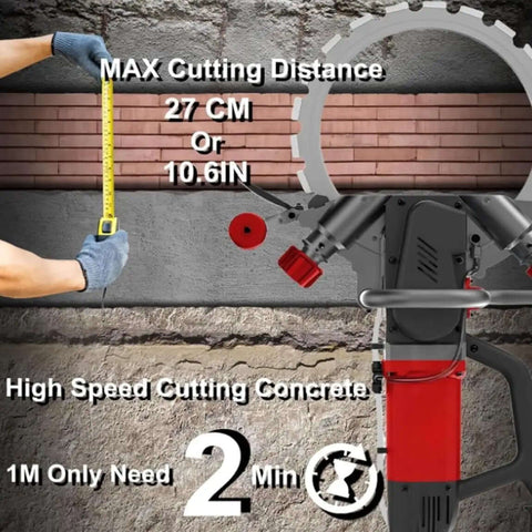Heavy Duty Ring Power Cutter Saw With 9500W Brushless Motor And Integrated Water Pump For Smooth Concrete Brick Wall Cutting Up To 10 Point 6 Inch Deep Straight Up Powerhouse with max cutting distance indicator.