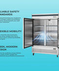 54 Inch Bottom Mount Double Door Commercial Reach In Freezer 49 Cubic Feet Stainless Steel with open doors and shelves.