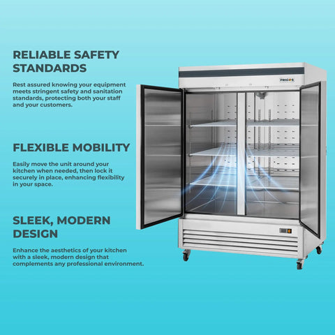 54 Inch Bottom Mount Double Door Commercial Reach In Freezer 49 Cubic Feet Stainless Steel with open doors and shelves.