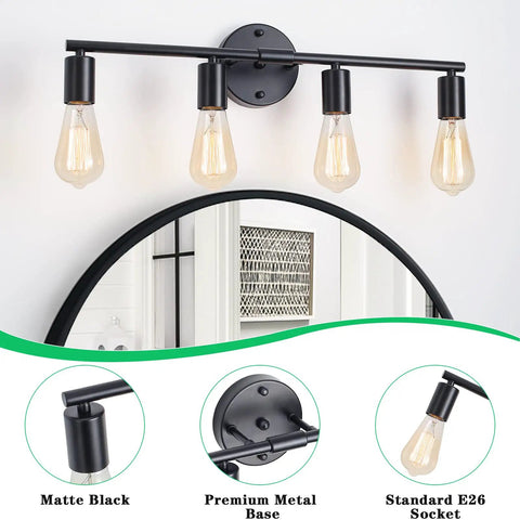 4 Light Black Vanity Light Fixture For Bathroom Over Mirror Vintage Farmhouse Industrial Wall Sconce With E26 Bulbs Compatible