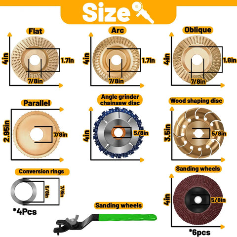 Wood Carving Disc Set For Four Inch And Four And A Half Inch Angle Grinders Includes Thirteen Discs For Shaping Carving Grinding Sanding And Polishing Plus Six Flap Discs Wrench And Conversion Rings