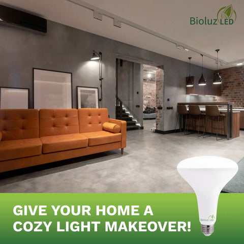 Modern living room illuminated by 8 Pack BR40 LED Flood Light Bulbs 3000K Soft White 90 CRI Dimmable UL Listed
