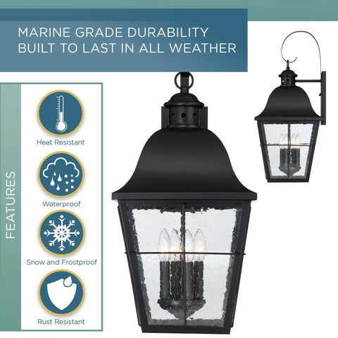 Classic Millhouse 18.5 Inch Outdoor Wall Lantern In Mystic Black With Clear Seeded Glass, showing durability features and design details.