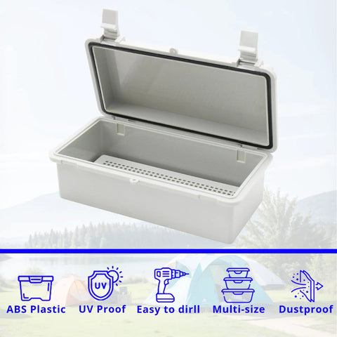 Small Electrical Junction Box With Cover Waterproof Outdoor Hinged Plastic Clip open view, showing interior and ABS material.