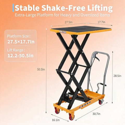 Heavy Duty Hydraulic Lift Table Cart With No Sweat Foot Pedal Operation And Hardcore Three Hundred Thirty Pound Capacity For Tough Shop And Moving Project Hauls showing lift height 50.5 inches and large platform size.