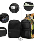 Red Mailbox Yard Pup Printed Backpack for Everyday Use, open view showing compartments for phone, pens, and documents.