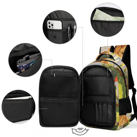 Red Mailbox Yard Pup Printed Backpack for Everyday Use, open view showing compartments for phone, pens, and documents.